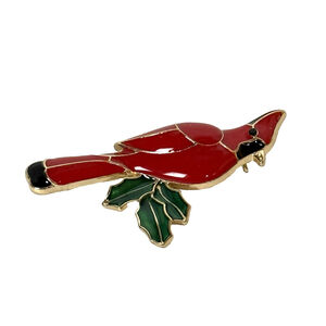 Vintage Gold Tone Red Enamel Cardinal Bird Green Leaf Brooch